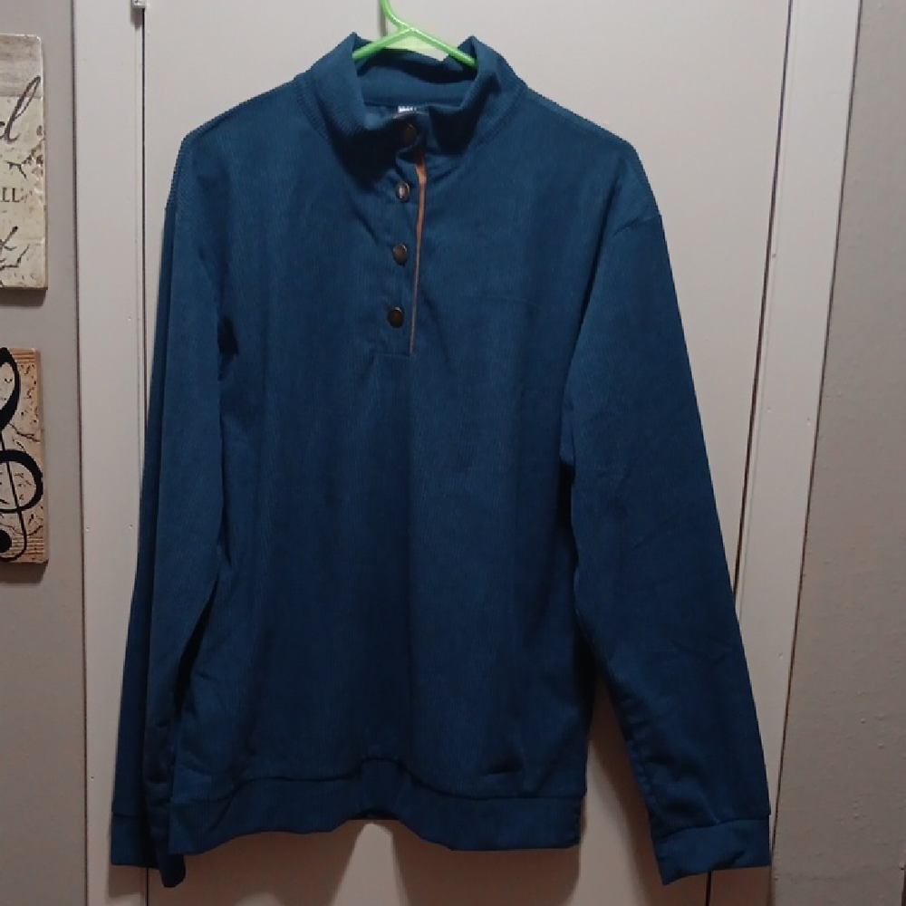 Men's Teal Quarter-Button Pullover with Stand Collar